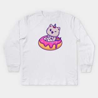 Cat Unicorn With Doughnut Cartoon Vector Icon Illustration Kids Long Sleeve T-Shirt